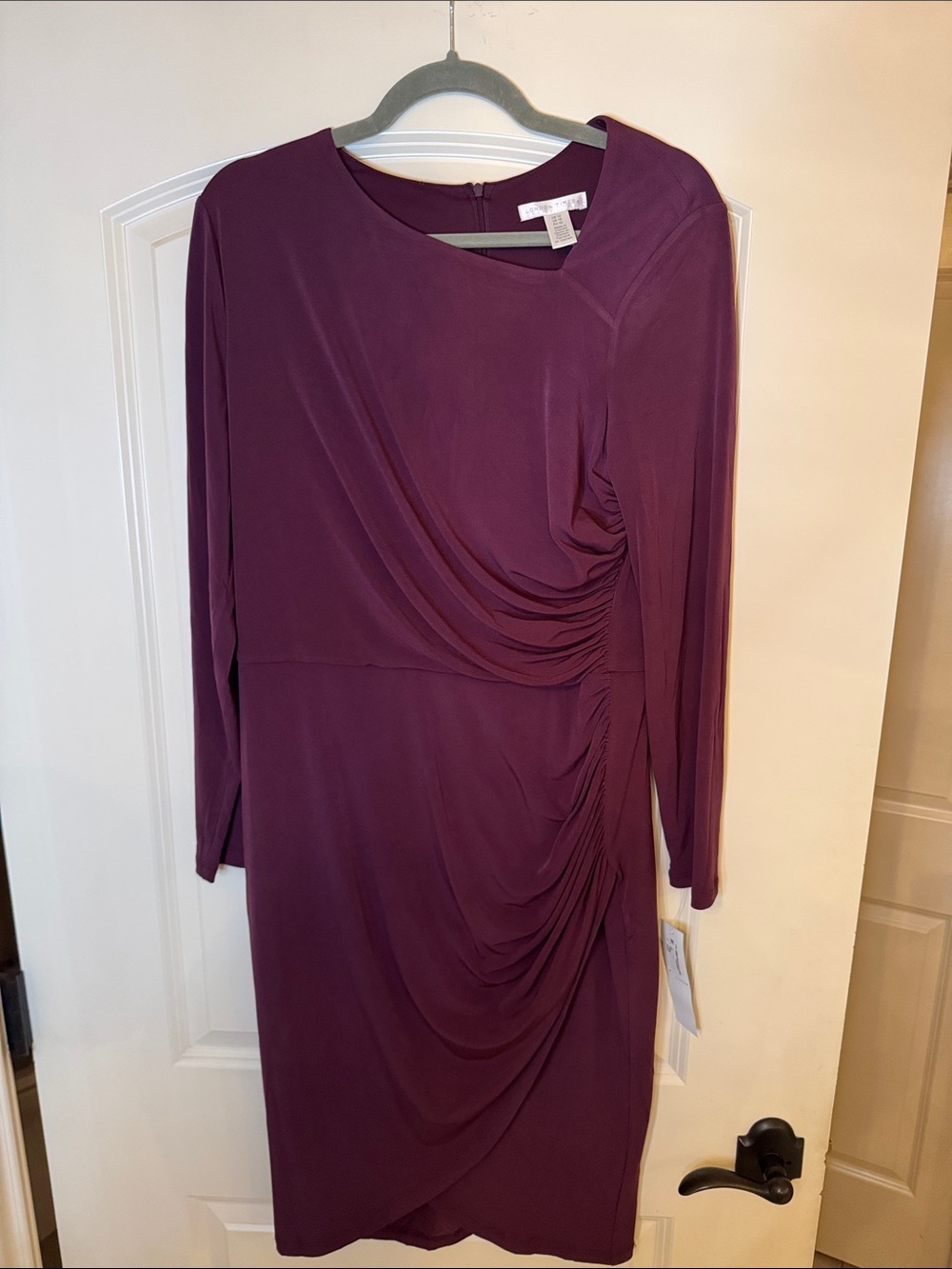 London Times Deep Plum Ruched Long-Sleeve Sheath Dress